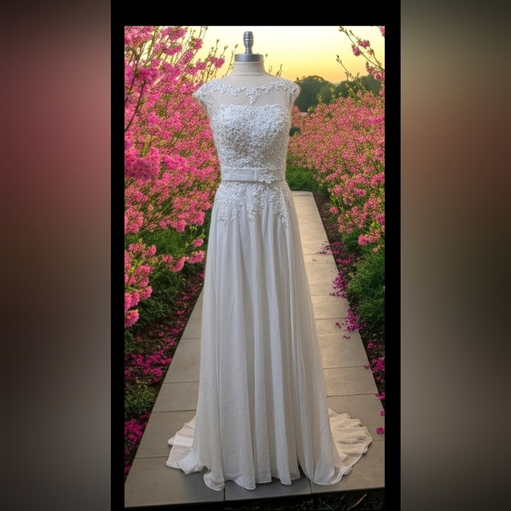 Elegant White Floral Lace Beaded Sleeveless Floor Length Wedding Dress Size 10